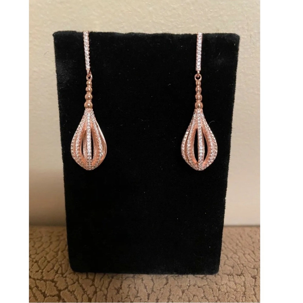 Luxury Sterling Silver 925 CZ Zirconia Drop Earrings Rose Tone